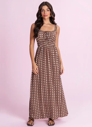 Angel - Vestido Midi Viscose Estampada Marrom - ANGEL