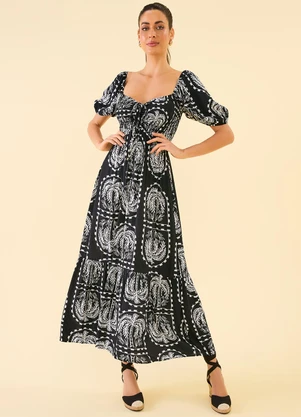 Angel - Vestido Midi Viscose Estampada Preto - ANGEL