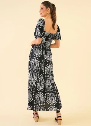 Angel - Vestido Midi Viscose Estampada Preto - ANGEL