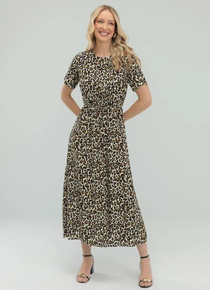 Angel - Vestido Midi Viscose Estampada Preto - ANGEL