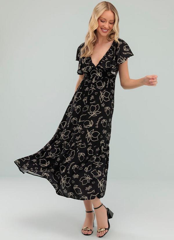 Angel - Vestido Midi Viscose Estampada Preto