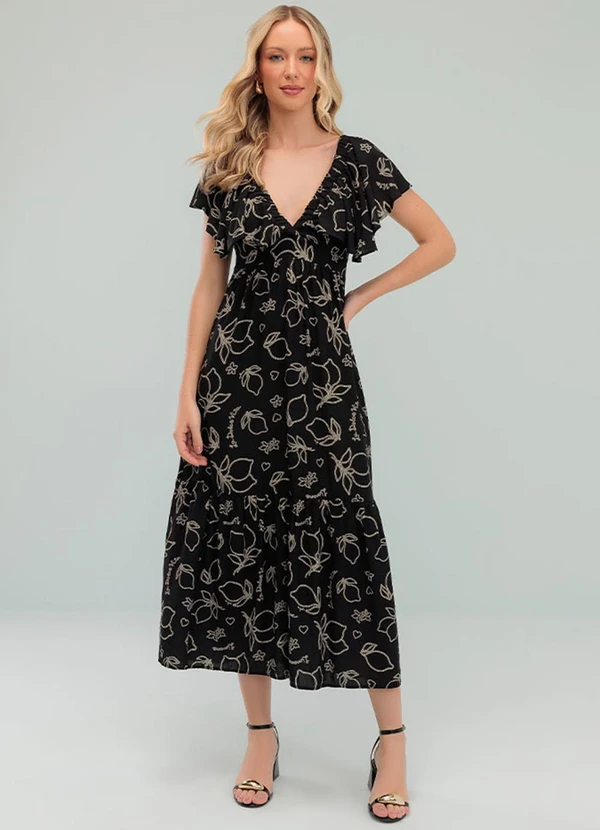 Angel - Vestido Midi Viscose Estampada Preto 3