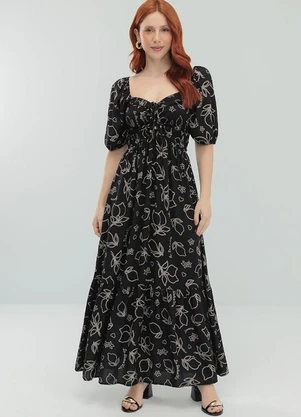 Angel - Vestido Midi Viscose Estampada Preto - ANGEL