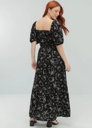 Angel - Vestido Midi Viscose Estampada Preto - ANGEL