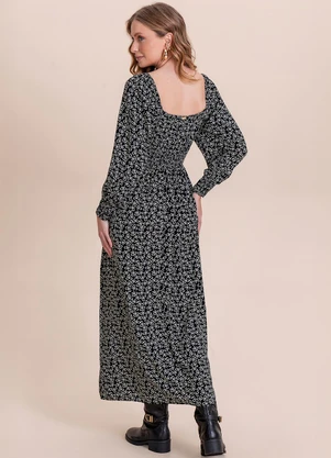 Angel - Vestido Midi Viscose Estampada Preto - ANGEL