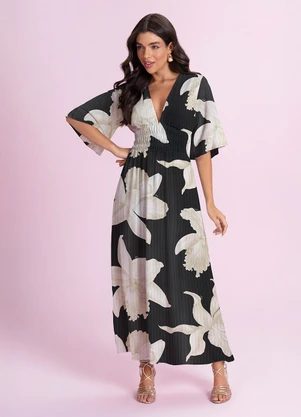 Angel - Vestido Midi Viscose Estampada Preto - ANGEL