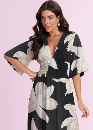 Angel - Vestido Midi Viscose Estampada Preto - ANGEL