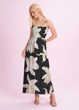 Angel - Vestido Midi Viscose Estampada Preto - ANGEL