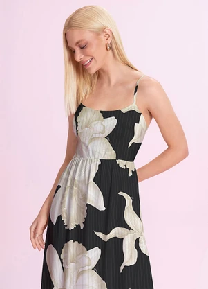 Angel - Vestido Midi Viscose Estampada Preto - ANGEL