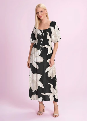 Angel - Vestido Midi Viscose Estampada Preto - ANGEL