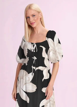 Angel - Vestido Midi Viscose Estampada Preto - ANGEL
