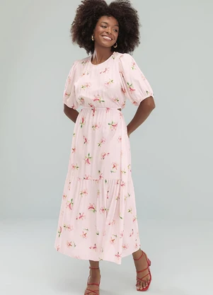 Angel - Vestido Midi Viscose Estampada Rosa - ANGEL