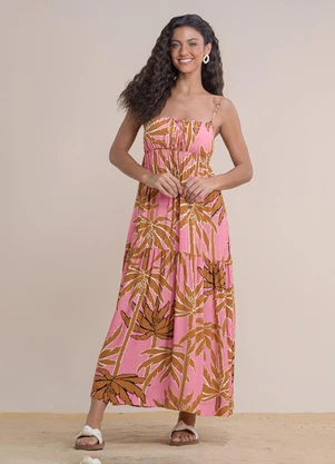 Angel - Vestido Midi Viscose Estampada Rosa - ANGEL
