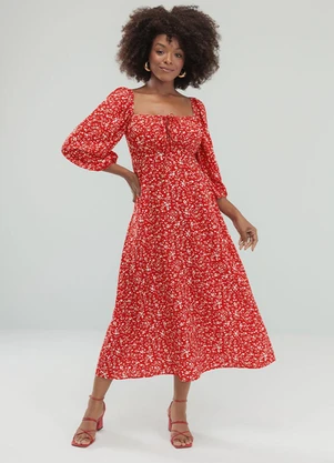 Angel - Vestido Midi Viscose Estampada Vermelho - ANGEL