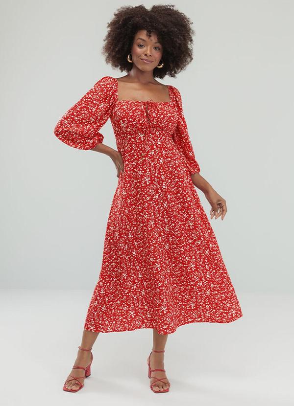 Angel - Vestido Midi Viscose Estampada Vermelho