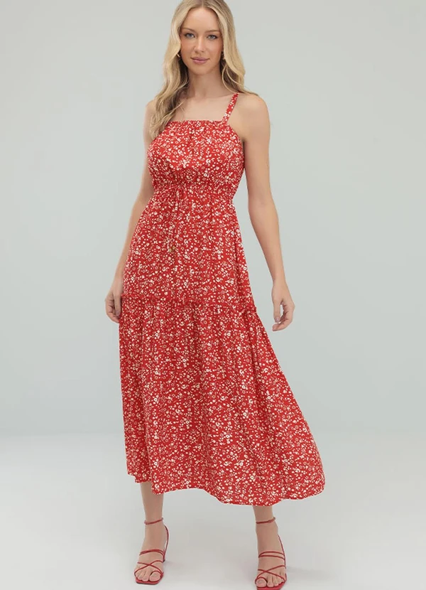 Angel - Vestido Midi Viscose Estampada Vermelho