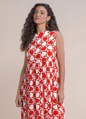 Angel - Vestido Midi Viscose Estampada Vermelho - ANGEL