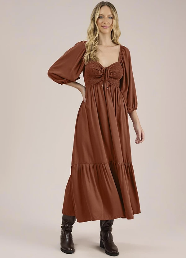 Angel - Vestido Midi Viscose Lisa Marrom