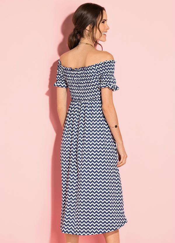 Quintess - Vestido Midi Zig Zag Azul com Franzido 2