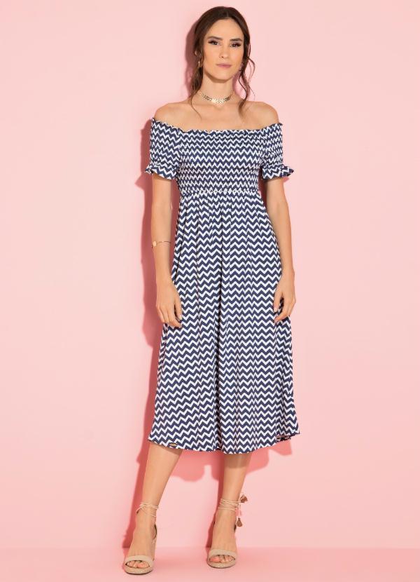 Quintess - Vestido Midi Zig Zag Azul com Franzido 3