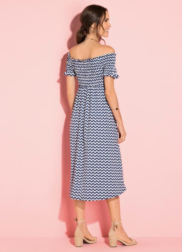 Quintess - Vestido Midi Zig Zag Azul com Franzido 4