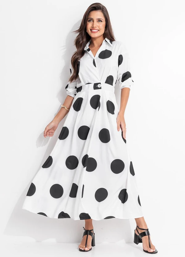 Quintess - Vestido Poá Branco em Alfaitaria de Poliéster