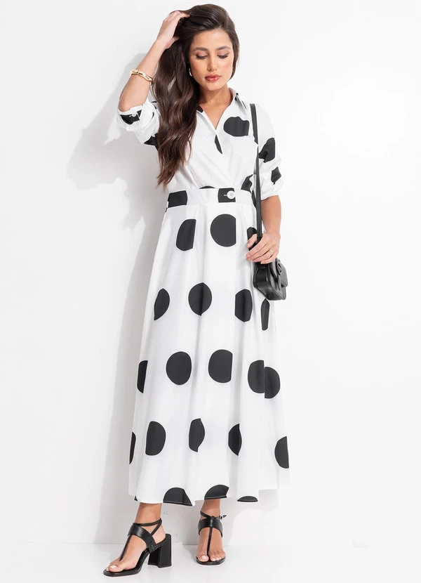 Quintess - Vestido Poá Branco em Alfaitaria de Poliéster 5