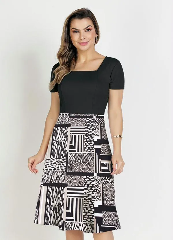 Rosalie - Vestido Mix de Estampa Evasê