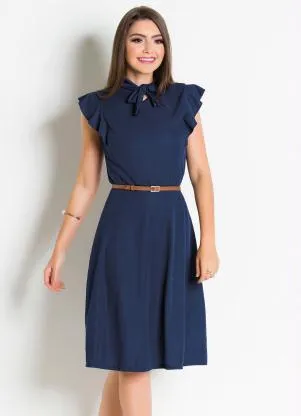 Rosalie - Vestido  Marinho com Gola Laço - ROSALIE