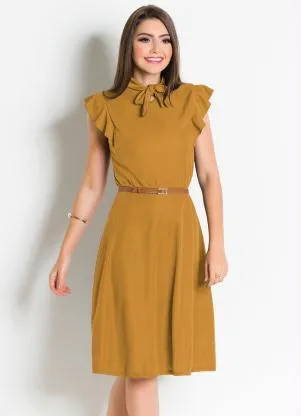 Rosalie - Vestido  Mostarda com Gola Laço - ROSALIE