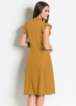 Rosalie - Vestido  Mostarda com Gola Laço - ROSALIE
