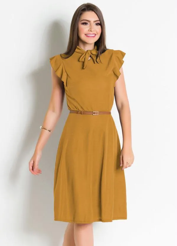 Vestido Mostarda com Gola Laço Rosalie