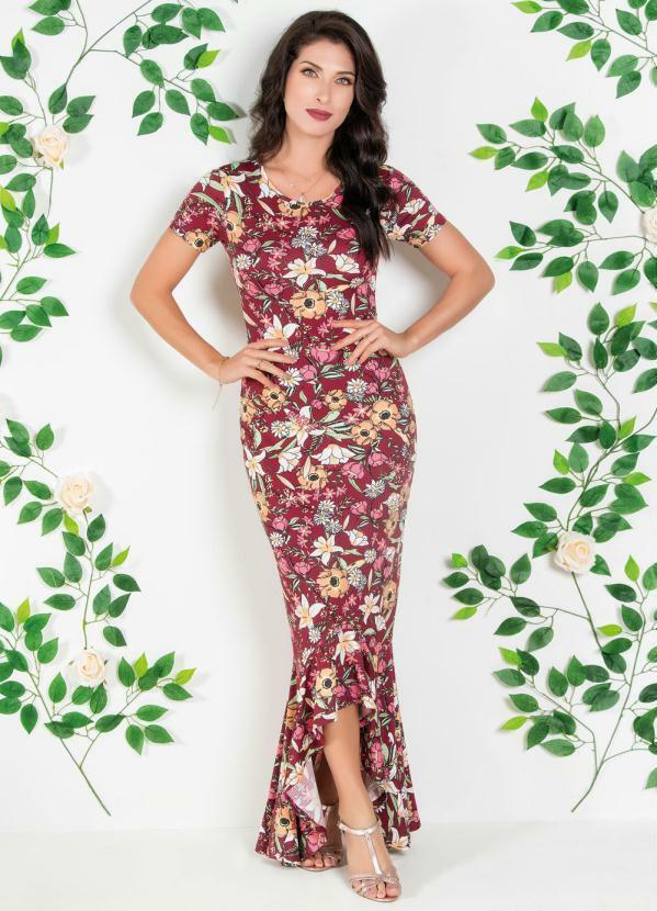 Outlet - Vestido Mullet com Babado na Barra Floral Bordô