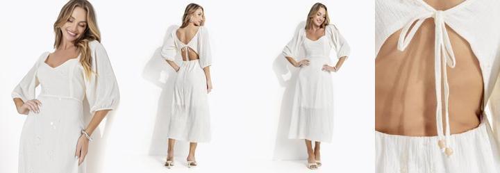 Vestido Off White em Voil Bordado Paet