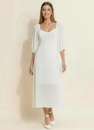 Quintess - Vestido Off White em Voil Bordado Paetê - QUINTESS