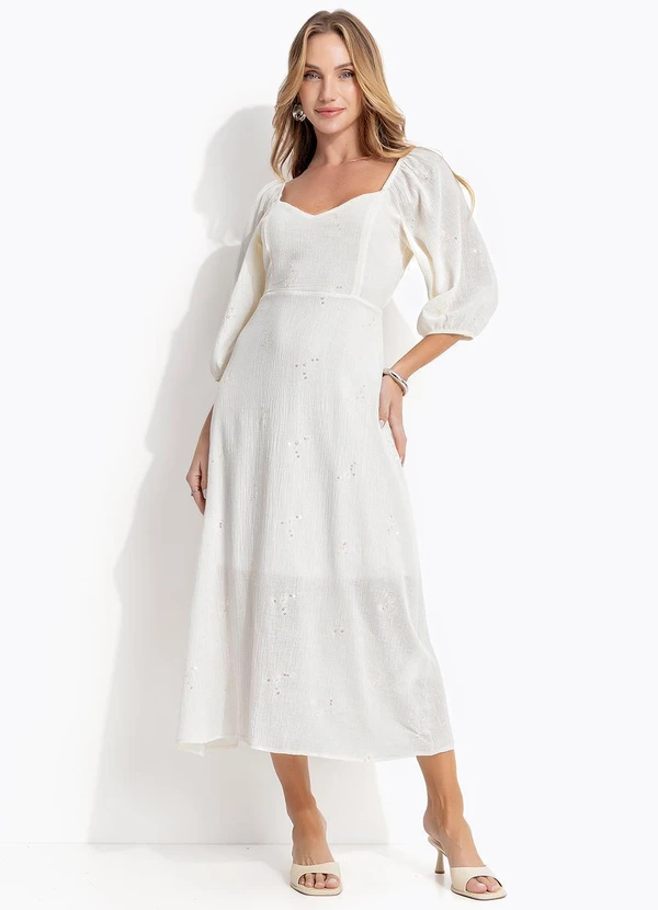 Quintess - Vestido Off White em Voil Bordado Paetê 5