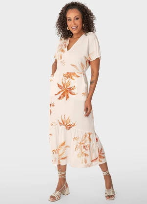 Malwee - Vestido Off White Evasê Tropical - MALWEE