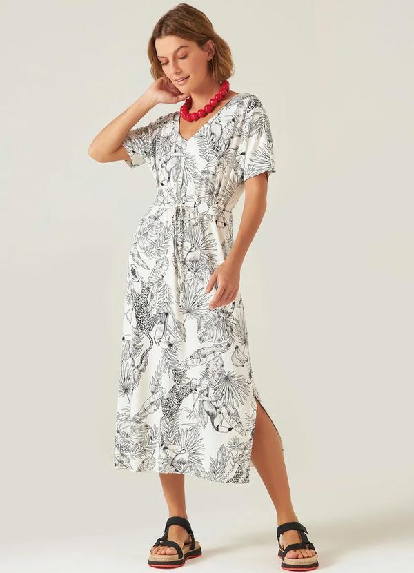Malwee - Vestido Off White Midi Feminino Tropical