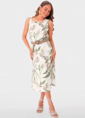 Malwee - Vestido Off White Mídi Tropical - MALWEE
