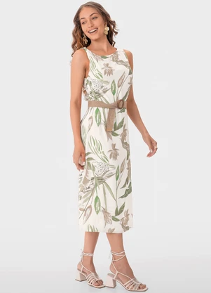 Malwee - Vestido Off White Mídi Tropical - MALWEE