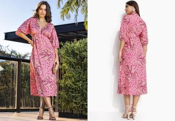 Vestido On�a e Folhas em Malha Fria