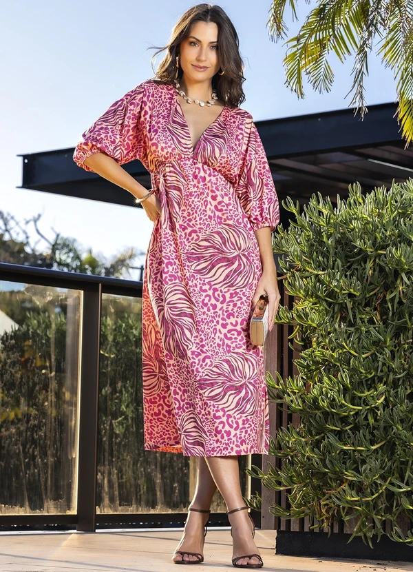 Quintess - Vestido Onça e Folhas em Malha Fria