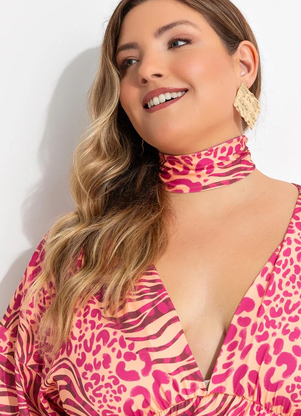 Quintess - Vestido Onça e Folhas em Malha Fria