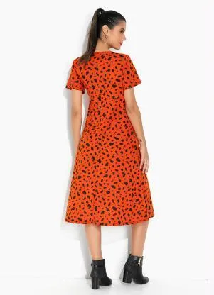 Moda Pop - Vestido Onça Laranja com Saia Evasê - MODA POP