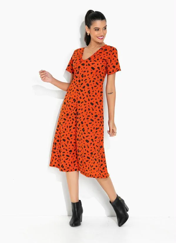 Moda Pop - Vestido Onça Laranja com Saia Evasê