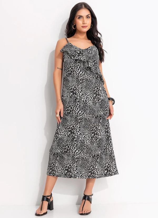 Quintess - Vestido Onça Preta em Crepe Plano