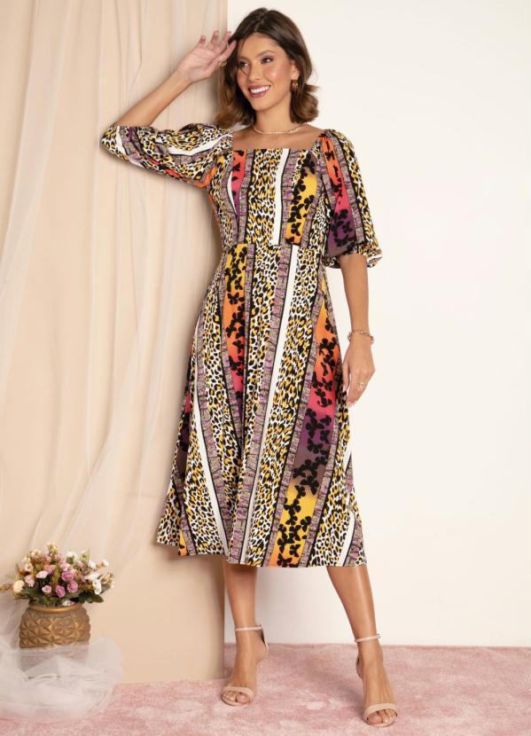 Quintess - Vestido Onça Vibrante com Mangas Bufantes 3