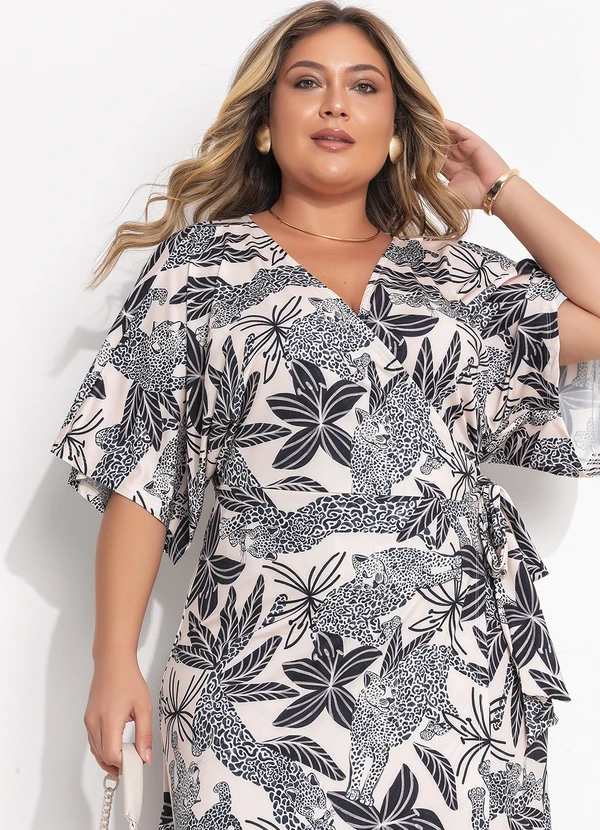 Quintess - Vestido Longuete Transpassado Estampa Onça e Folhagens em Malha Fria 12