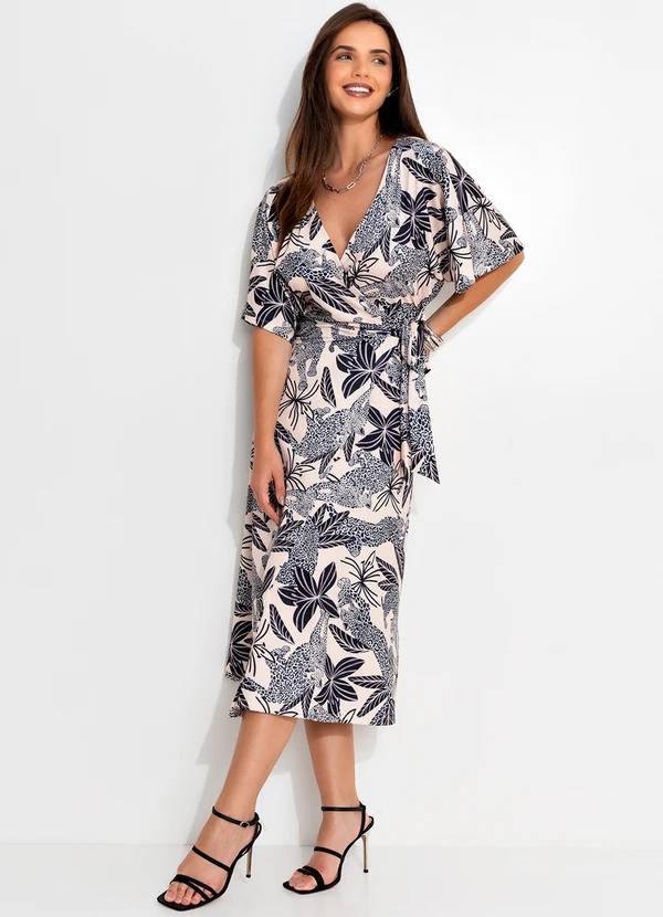 Quintess - Vestido Longuete Transpassado Estampa Onça e Folhagens em Malha Fria 3