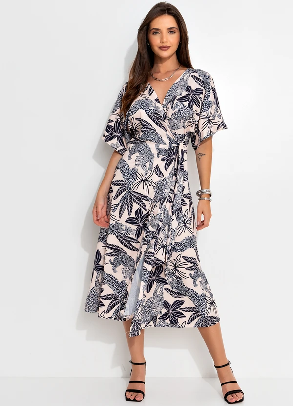 Quintess - Vestido Longuete Transpassado Estampa Onça e Folhagens em Malha Fria 5